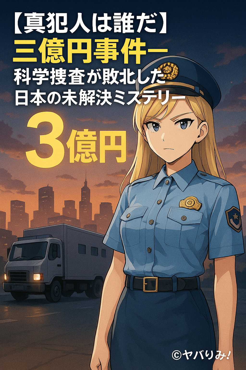 【真犯人は誰だ】三億円事件の科学捜査官の女性キャラクターが、現金輸送車を背景に立つイラスト。