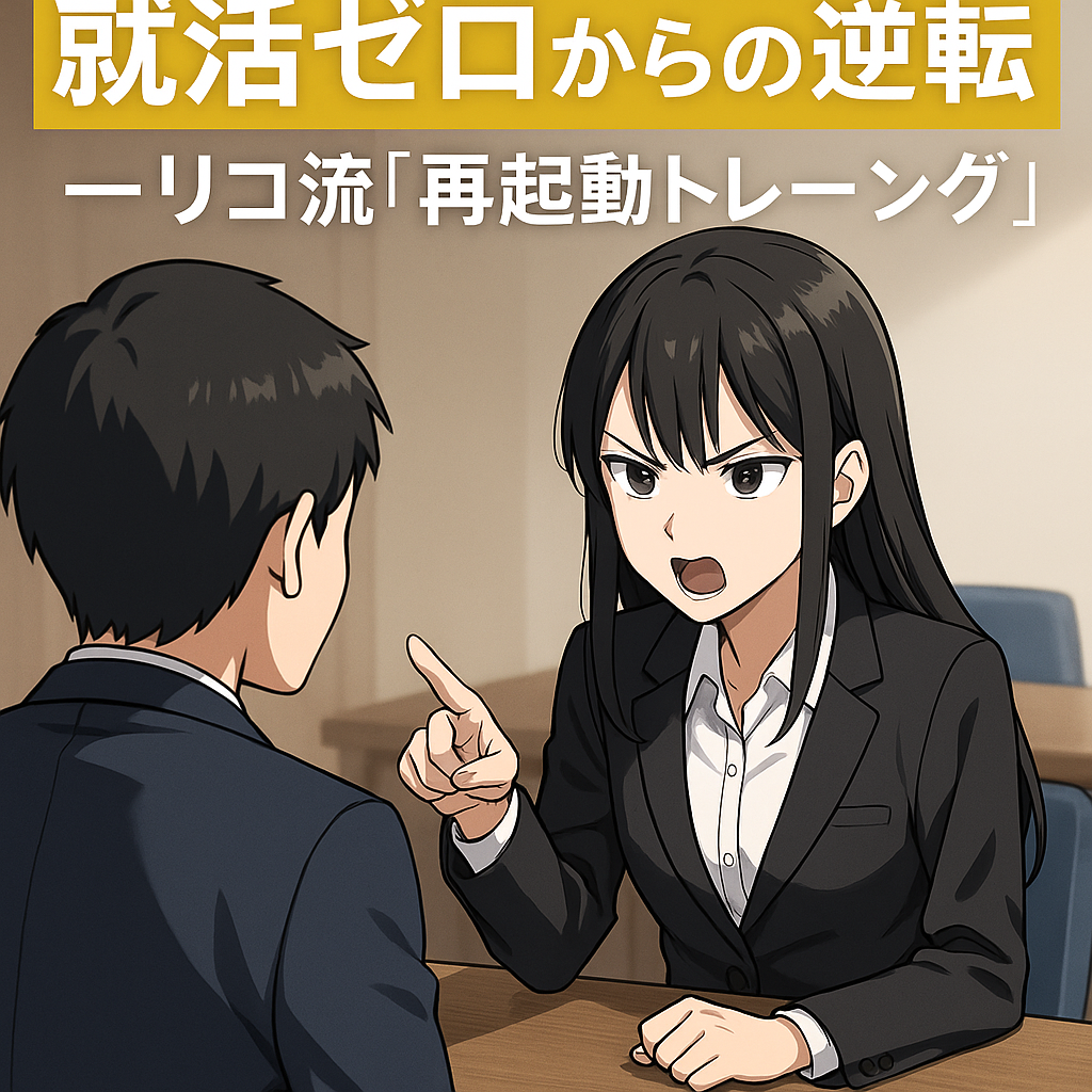 「リコが就活生を指導する姿を描いたアニメ風アイキャッチ。記事タイトル『就活戦線、異常あり。』と©ヤバりみ！表記入り」