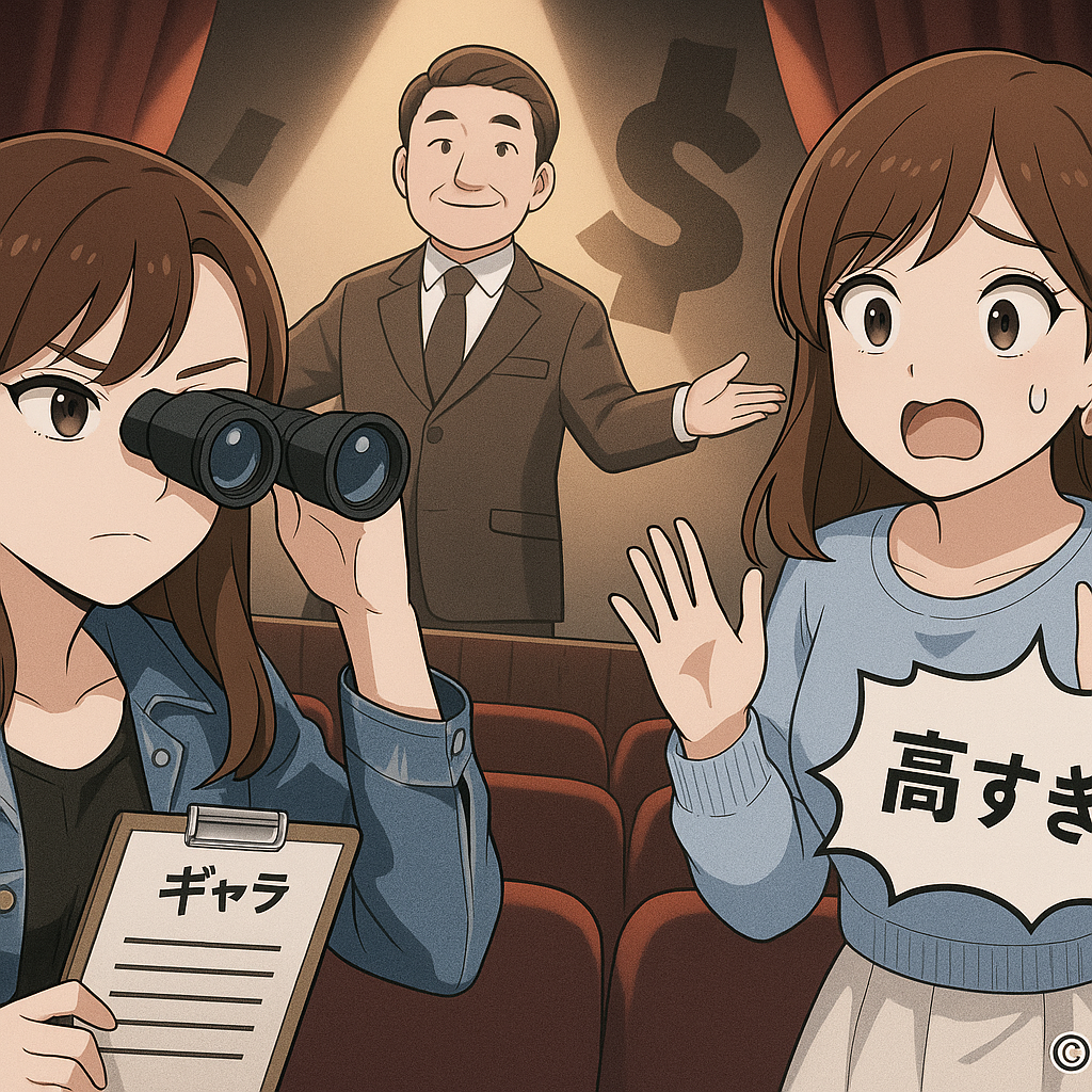 「大御所タレントの背後に札束の影。リコは双眼鏡でギャラ表を覗き、ルミは観客席で驚く」