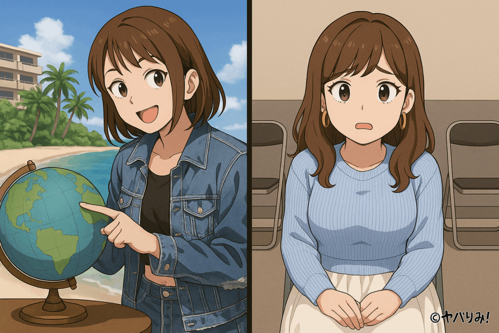 「リコが地球儀を指差し、豪華ロケの思い出を語る一方、ルミは簡素なスタジオで落胆する」