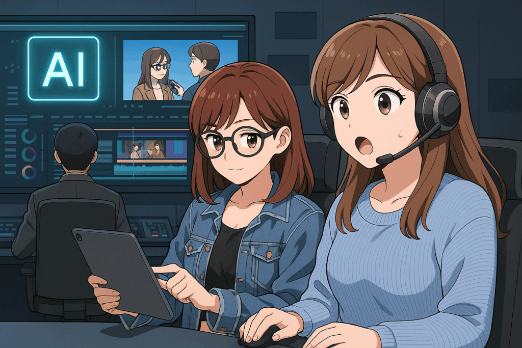 「AIが映像を編集する未来のスタジオで、リコはタブレット操作、ルミはヘッドセット姿で驚く」