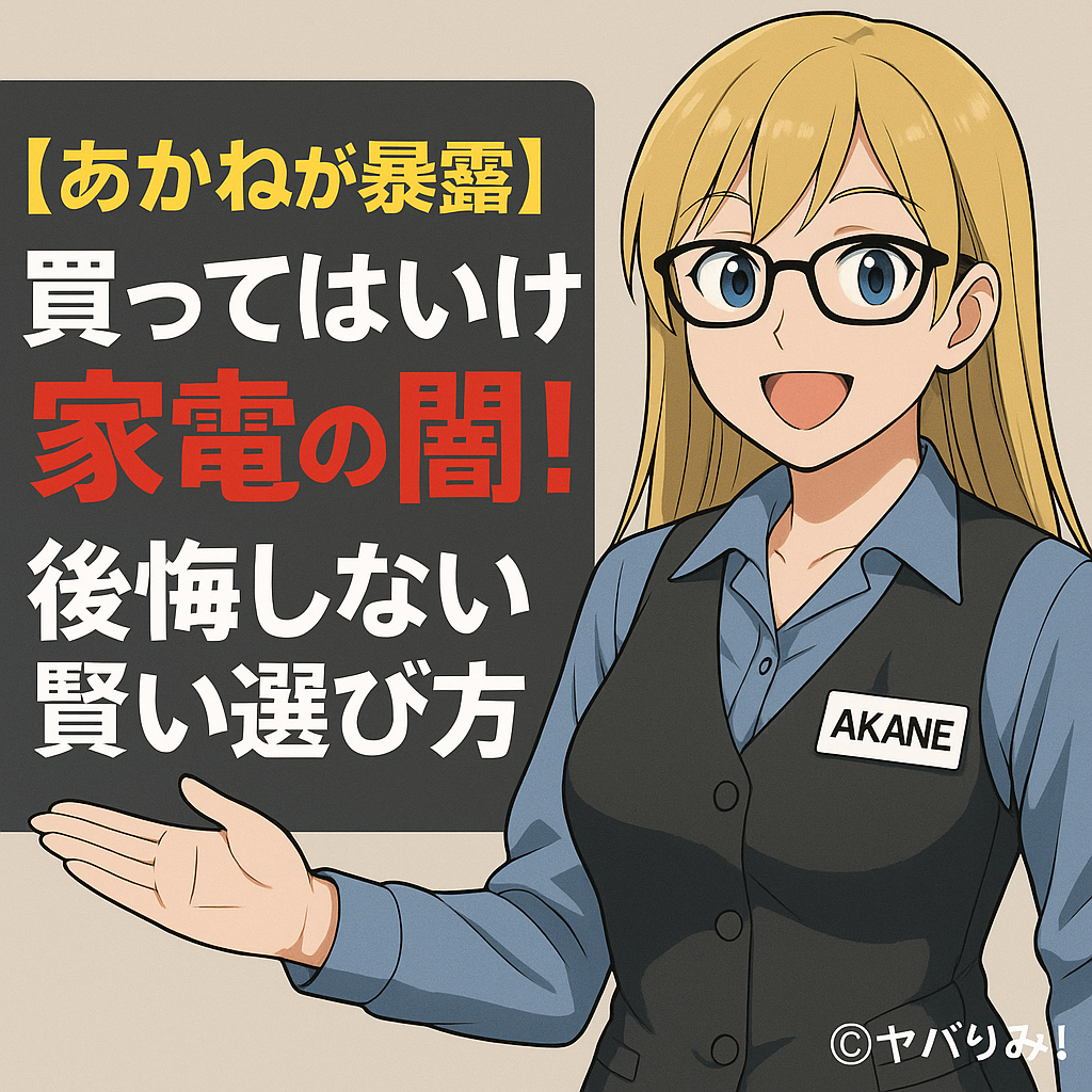 「笑顔のあかねが手を差し伸べながら、買ってはいけない家電と賢い選び方を説明しているアイキャッチ画像」