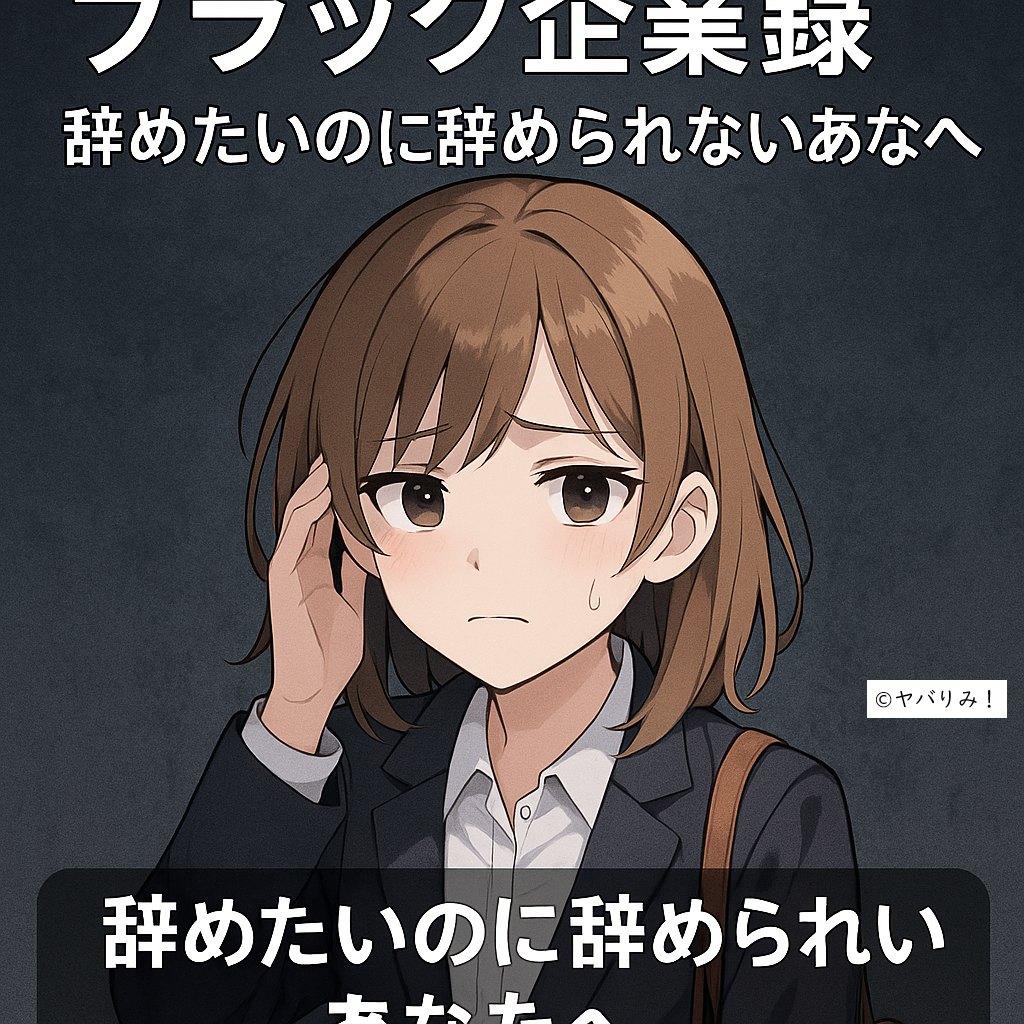 スーツ姿の若い女性が不安そうに頭を押さえ、涙ぐみそうな表情を浮かべているイラスト。「ブラック企業録 辞めたいのに辞められないあなたへ」という文字入り。