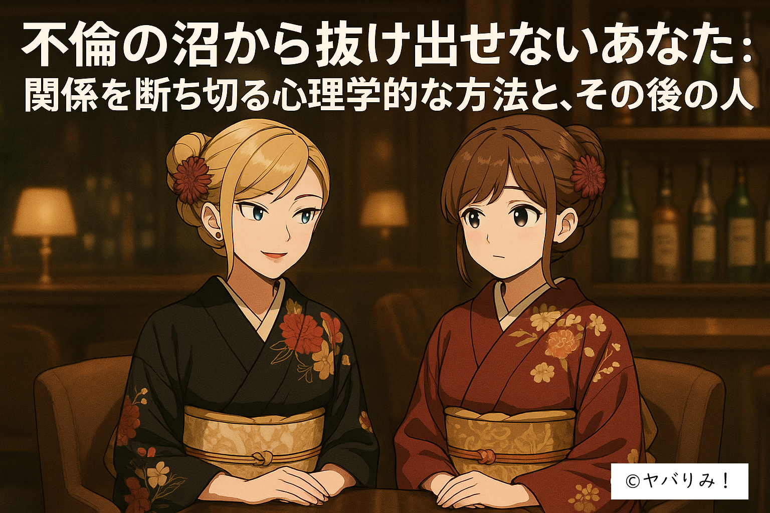 和服姿の二人の女性キャラクター（ナジカとルミ）が銀座のラウンジで座り、不倫の心理や解決方法について語っているシーン。上部にタイトル「不倫の沼から抜け出せないあなた：関係を断ち切る心理学的な方法と、その後の人生」、右下に「©ヤバりみ！」と記載。