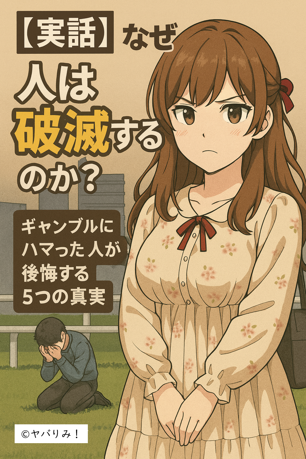 ルミ】「なぜ人は破滅するのか？」という警告メッセージが書かれたアイキャッチ画像。競馬の勝負師であるルミが、うなだれる男性の横で、ギャンブル依存の真実を語る真剣な表情。
