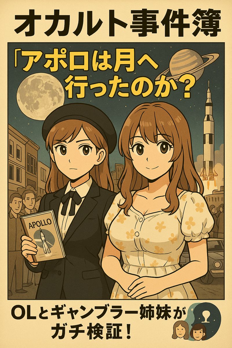 リコとルミの二人の女性が正面を向いて立っているイラスト。奥には月やロケット、街並みが描かれており、「オカルト事件簿」「アポロは月へ行ったのか？」の文字が見える。