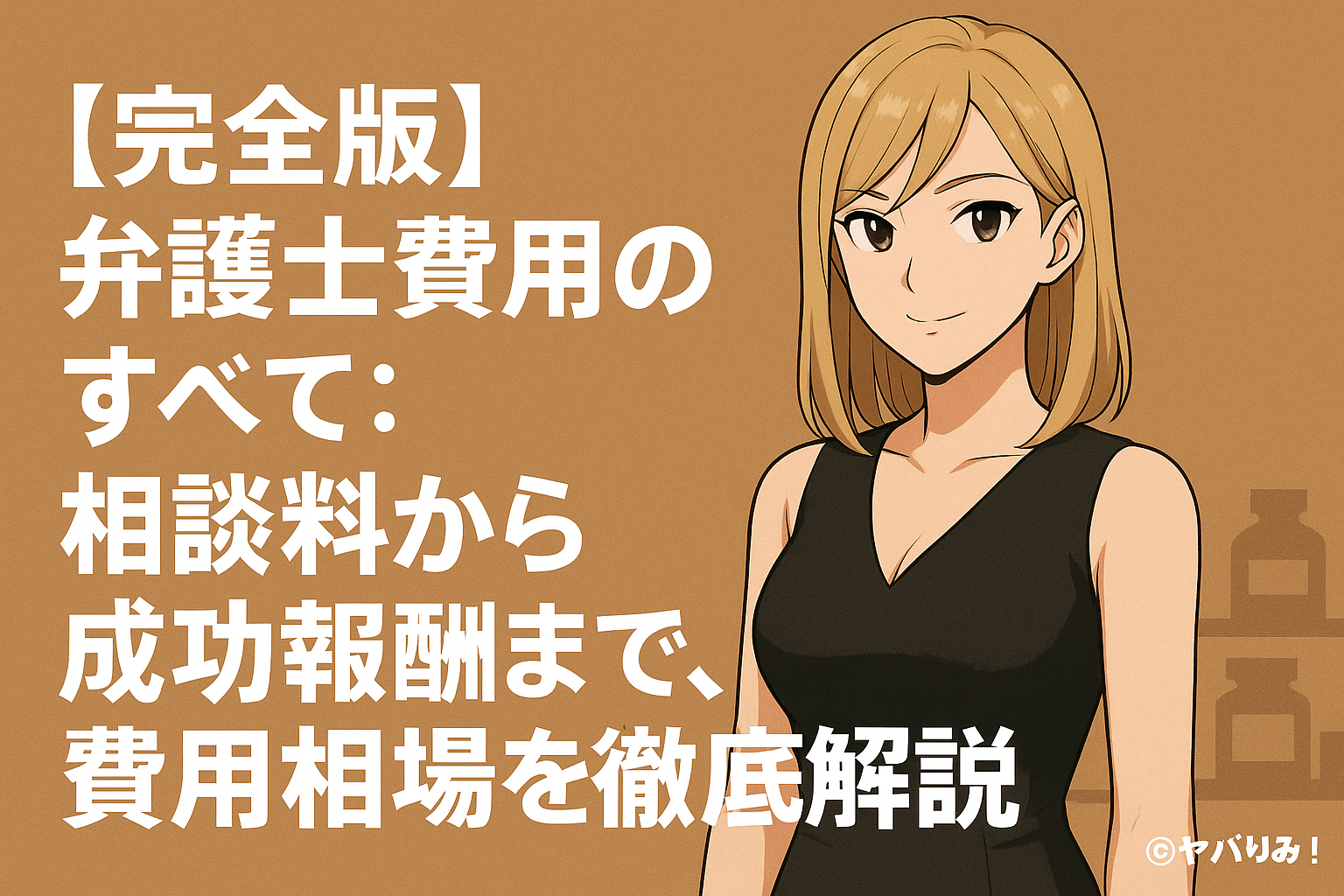 「黒いドレス姿のナジカと記事タイトル『弁護士費用のすべて：相談料から成功報酬まで、費用相場を徹底解説』を示すアイキャッチ画像」