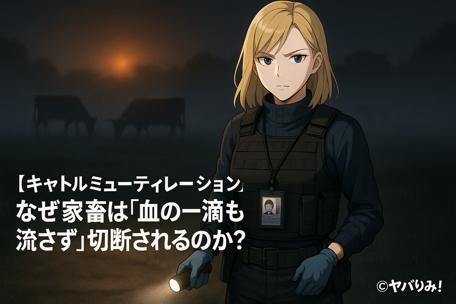 o 「夜の牧場。薄い霧の中、牛のシルエットと上空に浮かぶオレンジ色の光が不穏さを伝える写真。右下に『ヤバりみ！』の著作権表記あり。」