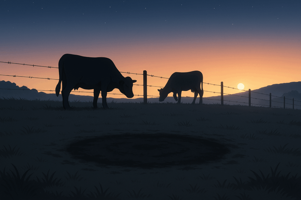 「夜明け前の牧場の遠景。牛のシルエットと地面に残る不自然な円形の影が見える。」