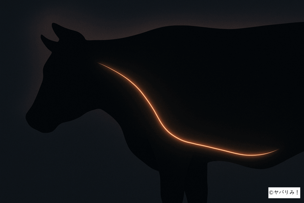 「牛の輪郭に沿って、薄い光のラインが走る抽象的なイメージ。無血の“切断”を示唆する表現。」