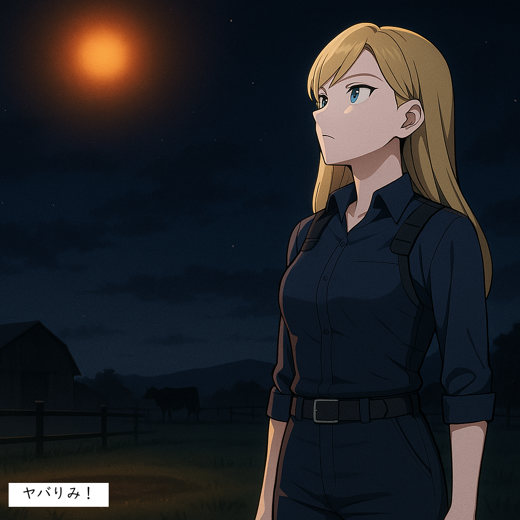 「農場上空に浮かぶ、ぼんやりとしたオレンジ色の光のイメージ写真。目撃談を視覚化。」