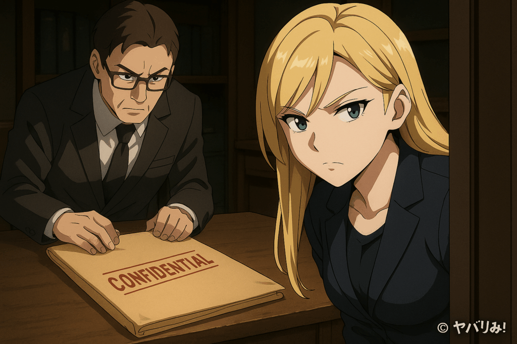 「デスクに置かれた封筒と“機密”を想起させるスタンプのイメージ写真。情報隠蔽を示唆する。」