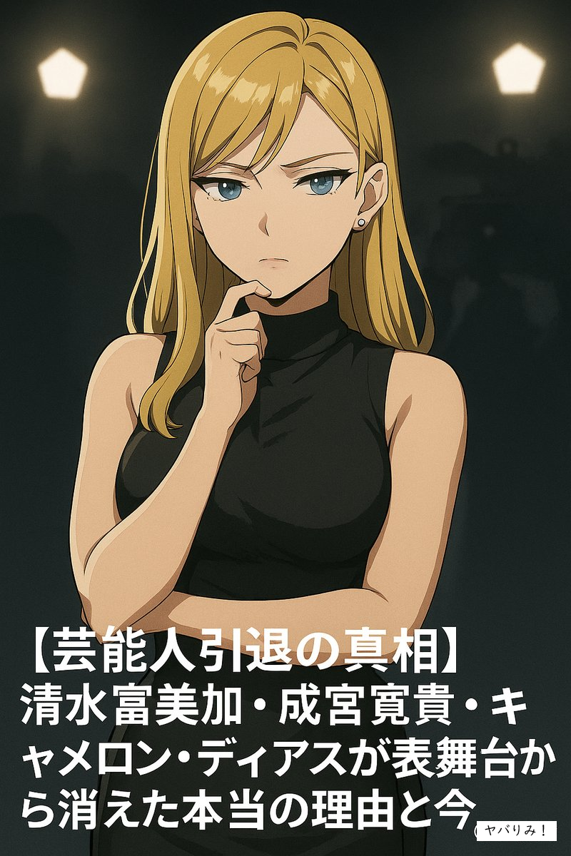 「バーの背景でミステリアスな表情を浮かべる金髪のナジカ。黒いドレス姿で知的かつ妖艶に佇み、芸能人引退の真相を語る雰囲気を演出。」