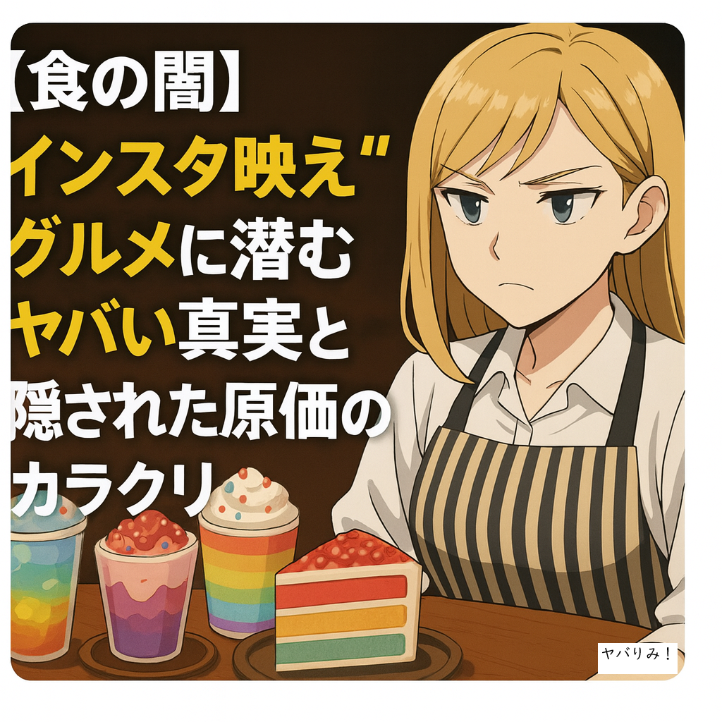 「エプロン姿のナジカが、色鮮やかなスイーツやドリンクを見つめる。右下に©ヤバりみ！表記。」