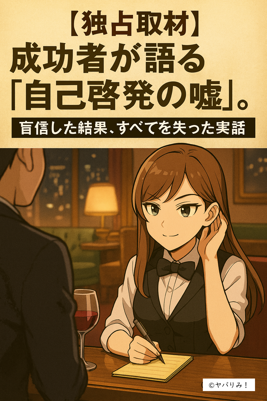 「独占取材――成功者が語る『自己啓発の嘘』。ワインが置かれたテーブルで、インタビューを受けながらメモを取るナジカ」