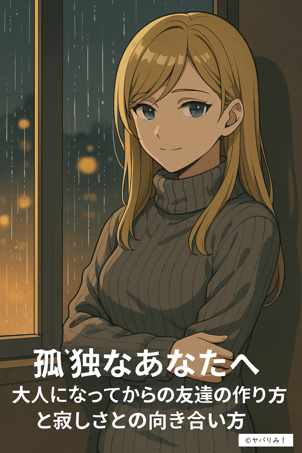 「雨の夜、窓辺に立ち穏やかに微笑む女性。灰色のタートルネックを着て、温かい雰囲気でこちらを見つめている。」