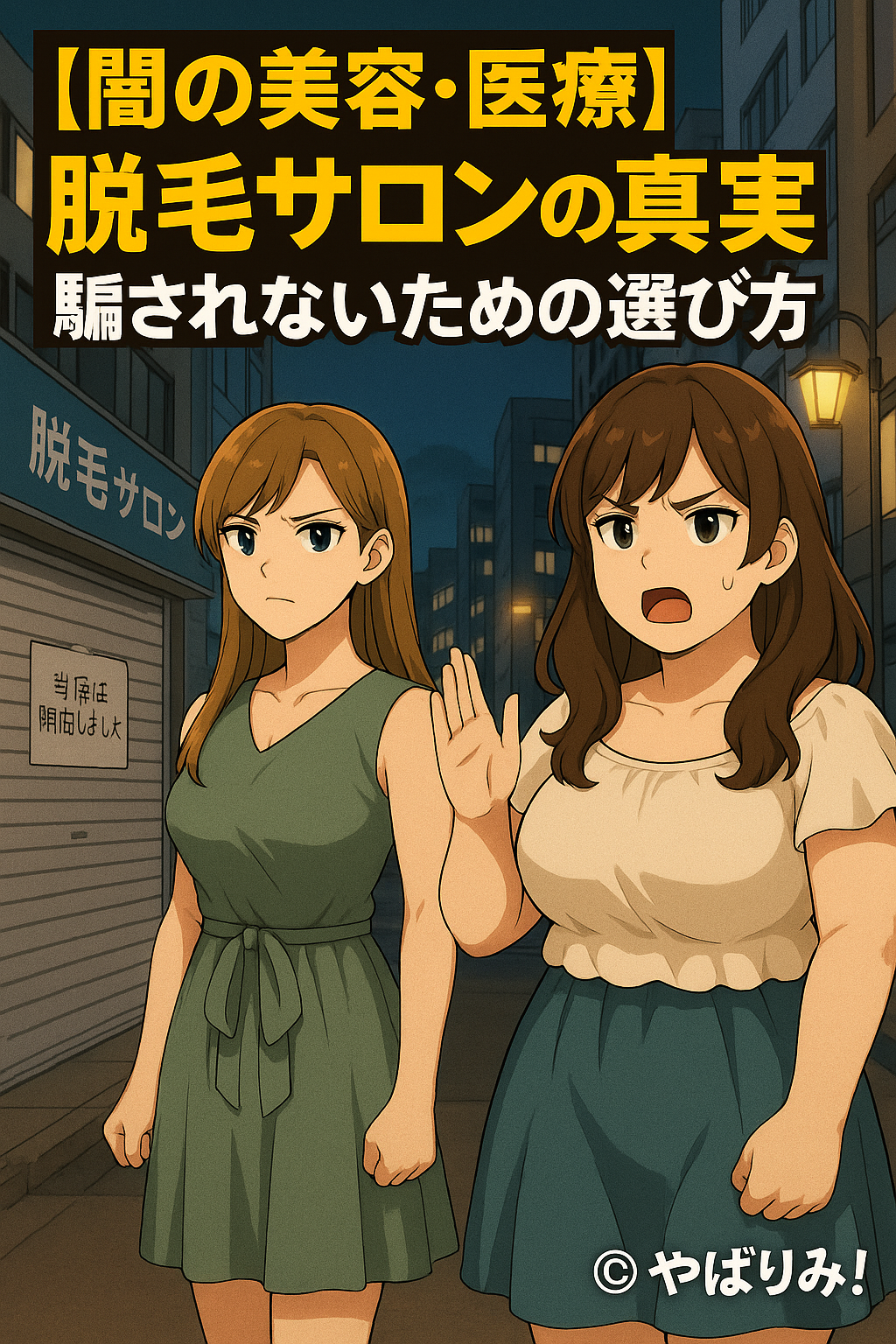 「閉店した脱毛サロンの前で、警戒しながら立つナジカとルミのイラスト。闇の美容業界の危険を示唆している。」