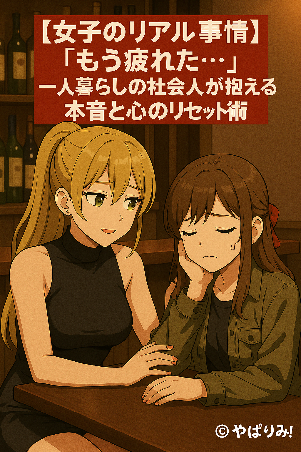 「ナジカが肩を落とすルミを励ましているシーン。疲れた社会人女性の本音と、それを支える友情を描いたアニメ風イラスト」