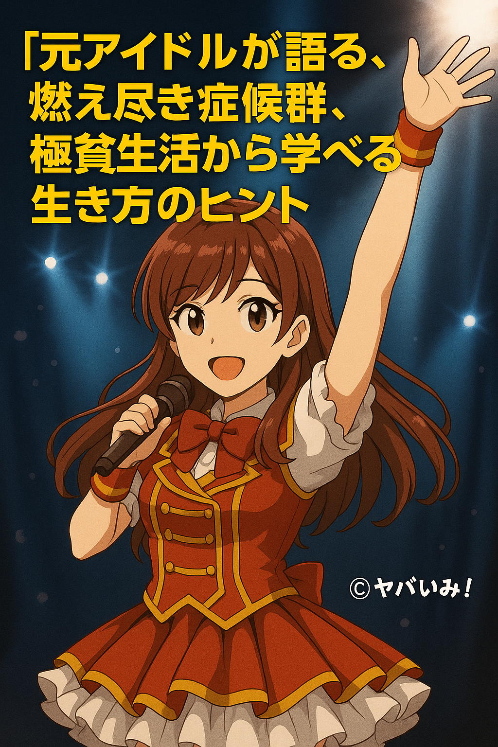 赤い衣装を着た元アイドル風の女性キャラクターがステージでマイクを持ち、笑顔で手を高く挙げているアニメ風イラスト。上部には「元アイドルが語る、燃え尽き症候群、極貧生活から学べる生き方のヒント」という黄色のタイトル文字。