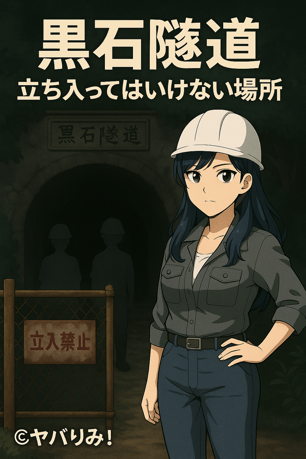 「リコがヘルメットと長靴を身につけ、廃トンネルの取材に挑む姿を描いたアニメ風イラスト。©ヤバりみ！」
