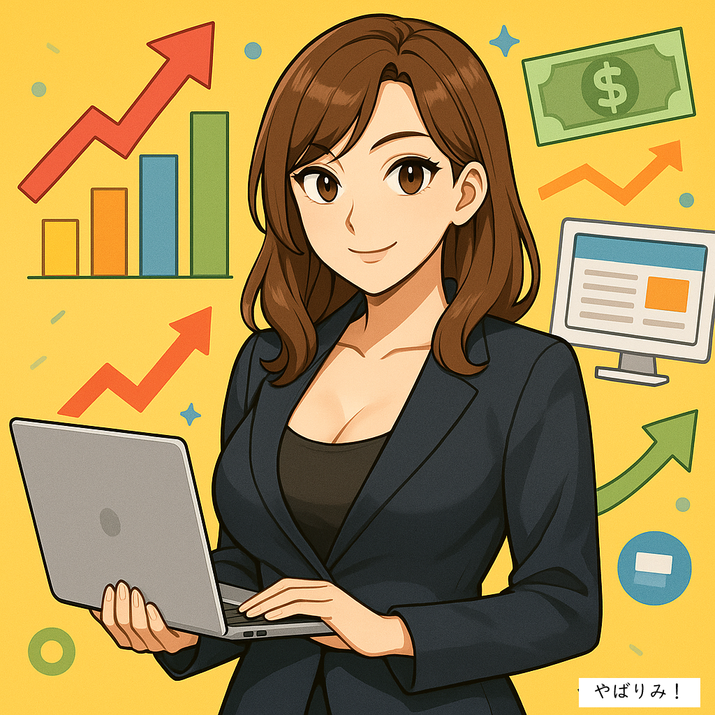 アニメ風イラスト。白いブラウス姿の若い女性がノートPCの前に座り、微笑みながら読者に向かって説明している。背景は落ち着いた室内。