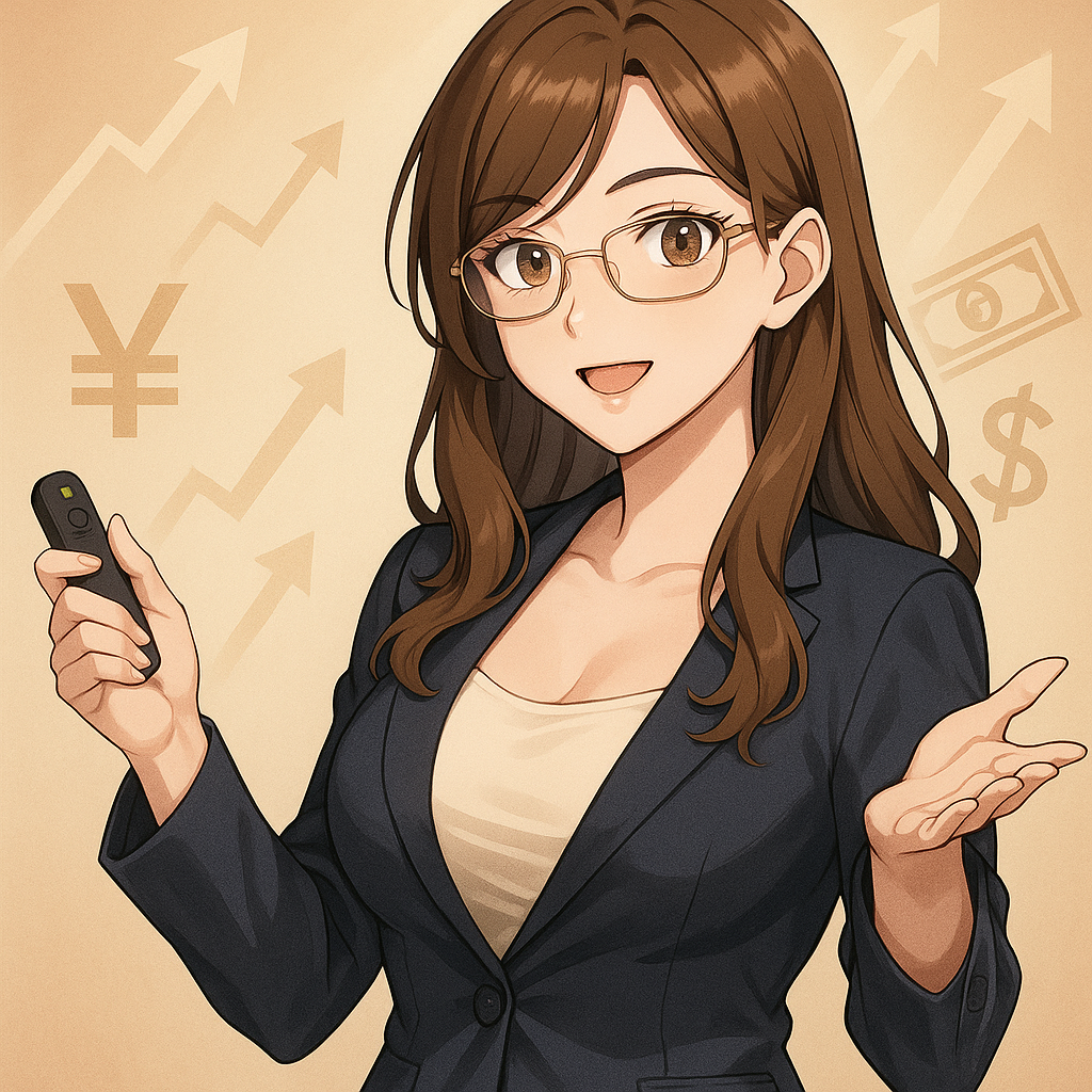 「スーツ姿でプレゼンする眼鏡の女性キャラクター。背景に円マーク・ドルマーク・上昇グラフ。」