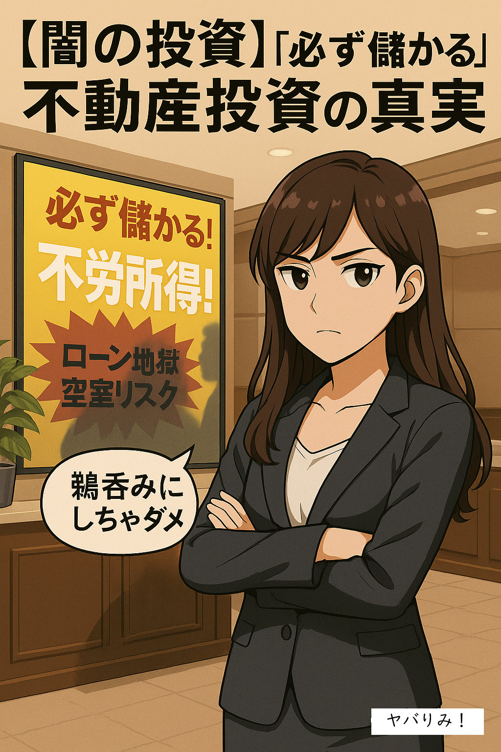 スーツ姿のリコが腕を組み、真剣な表情で「必ず儲かる！」と書かれた不動産広告の前に立っている。背景のポスターには「不労所得」「ローン地獄」「空室リスク」の文字があり、読者に注意を呼びかける構図。