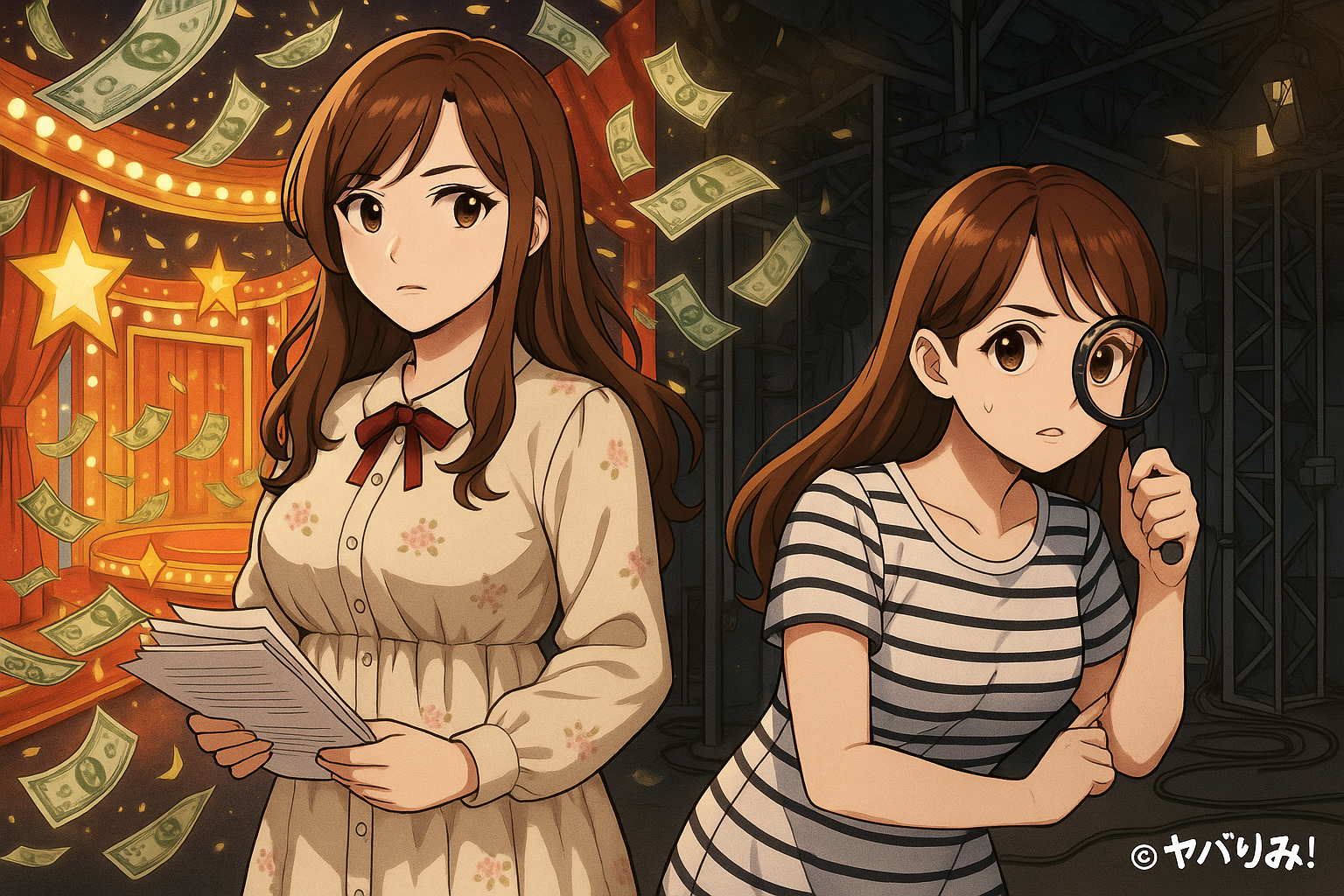 「舞台上に降り注ぐ紙幣と輝くスポットライト。その前で台本を手にするリコと、舞台袖で虫眼鏡を持ち不安げに調査するルミ。芸能界の光と影を対比したイメージ。」