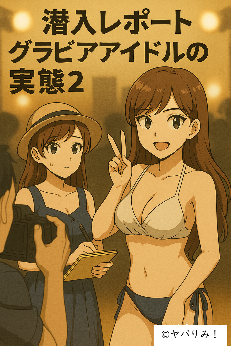 「派手な撮影スタジオで、潜入記者風のリコが取材メモを取りながら、隣でグラマラスな体形のグラドルがポーズを決めているアニメ風イラスト。強いライトに照らされ、背後に撮影機材が並ぶ。右下に『©ヤバりみ』表記。」