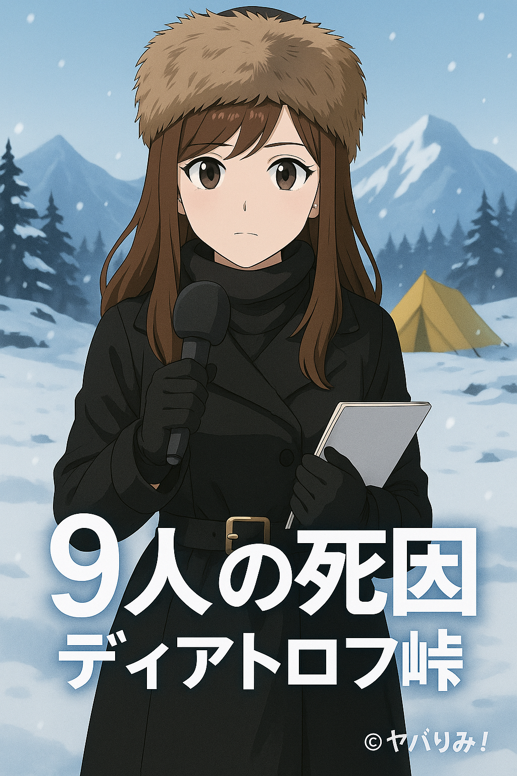雪山のキャンプ地でマイクを持つ女性レポーター、リコ。真剣な表情で事件を解説している。