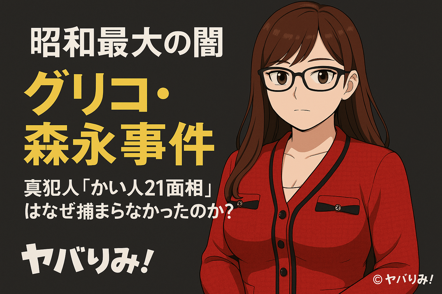 赤ジャケット姿のリコがグリコ・森永事件を象徴する背景を前に佇む。