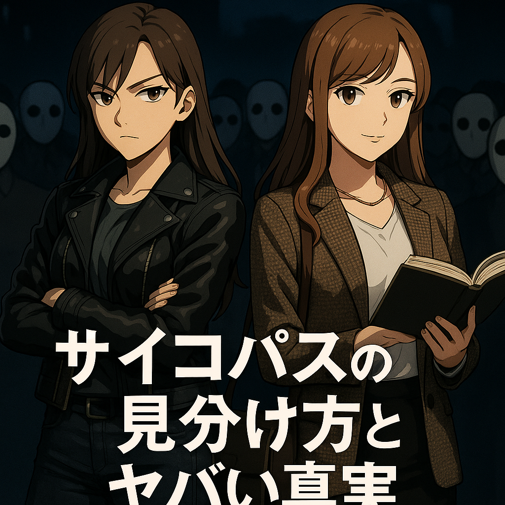 「ナジカとリコが並び立ち、背後に仮面をかぶった人々が影のように描かれている。ナジカは腕を組んで探偵のように鋭い視線を向け、リコは本を手に持ち冷静に解説している。中央に記事タイトル『サイコパスの見分け方とヤバい真実』、右下に©ヤバりみ！の著作権表記。」
