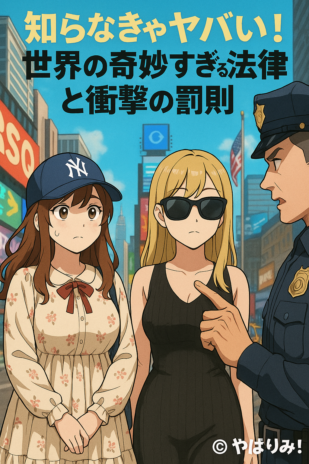 アニメ風のイラスト。ニューヨークの街中で、NYキャップをかぶったリコと黒いワンピースのルミが警官に注意されている場面。背景にはタイムズスクエアの看板とアメリカ国旗が描かれている。