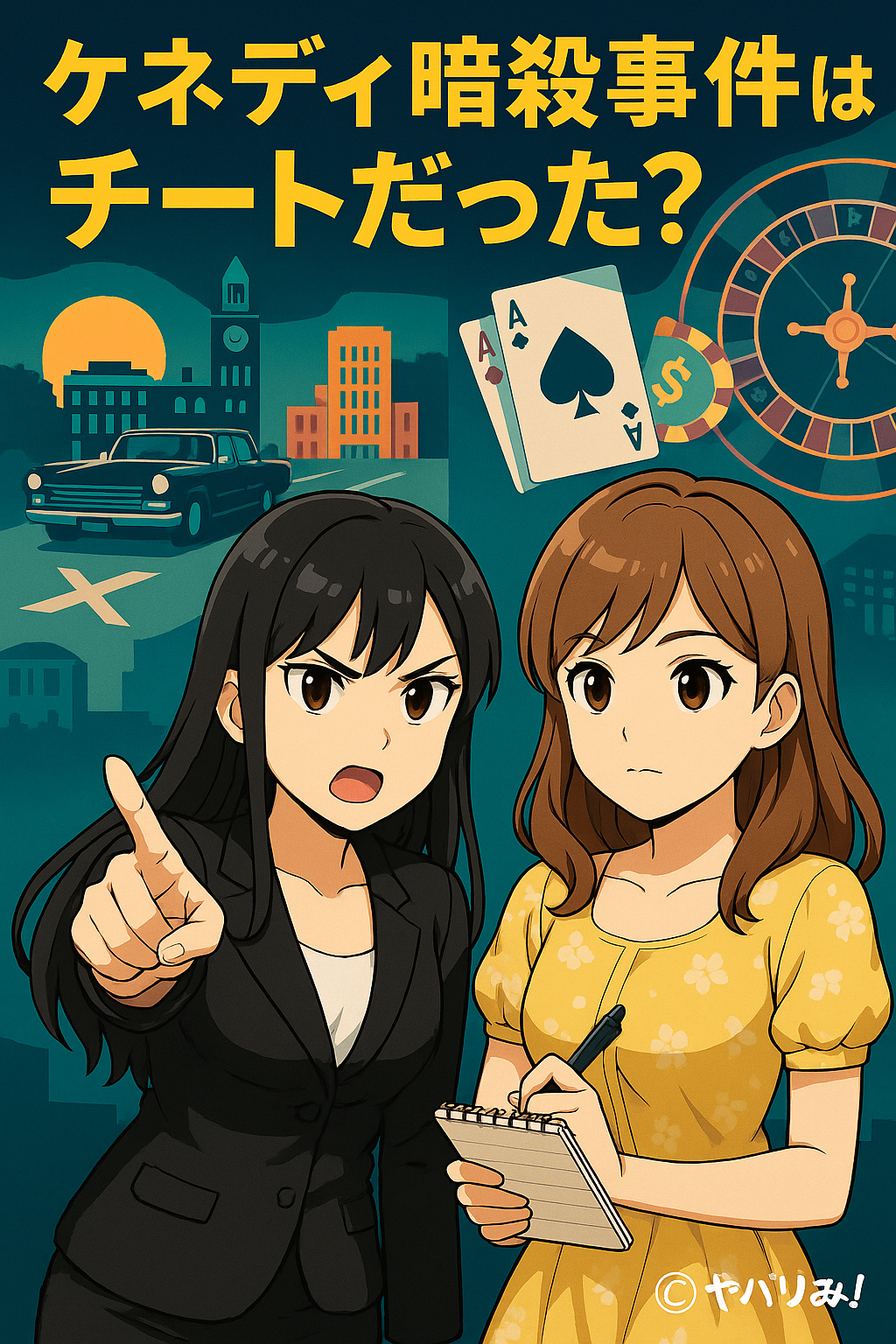 「アニメ風ポスター。背景に1960年代ダラスの暗殺事件と軍産複合体を象徴するモチーフ。中央にリコが指を突き出して真剣な表情、ルミがメモ帳を持って寄り添う。タイトル『ケネディ暗殺事件はチートだった？』、右下に©ヤバりみ！表記」