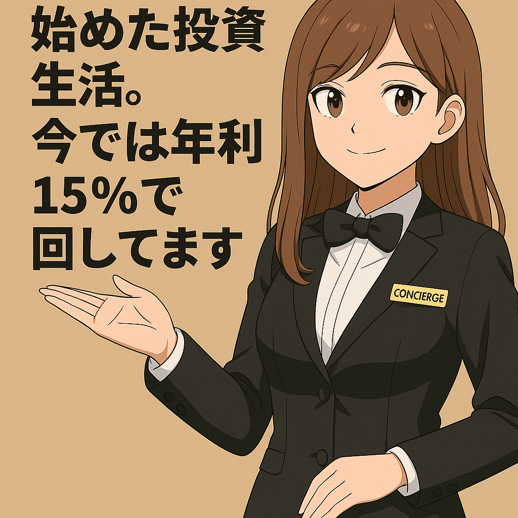元ギャル風のリコが投資資料を手に持ち、上昇する株価チャートを背景に笑顔を見せているイラスト。「投資生活で年利15%」を象徴する前向きな雰囲気。