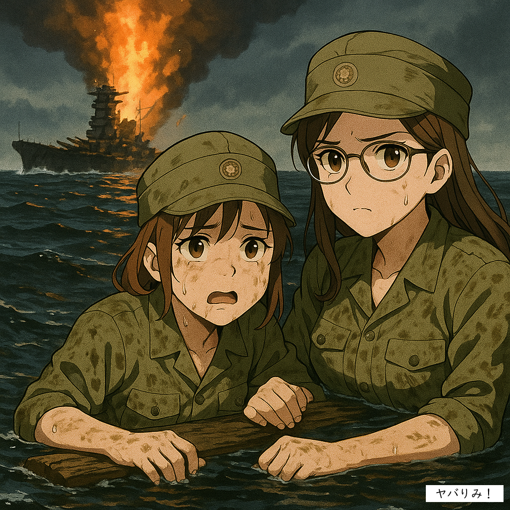 沈没した戦艦大和から逃げ出した将兵が木材の破片につかまり重油だらけの海で助けを待つ様子。