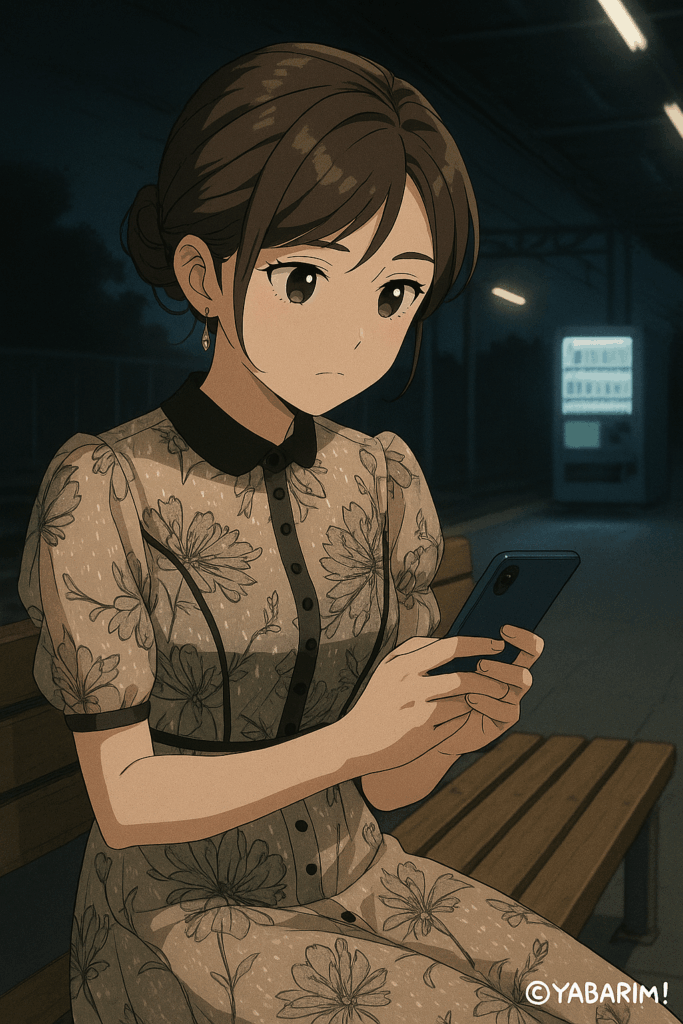 夜の駅のホームでベンチに座り、スマホを見つめるリコ。表情は沈んでいて、背景には自販機の光。