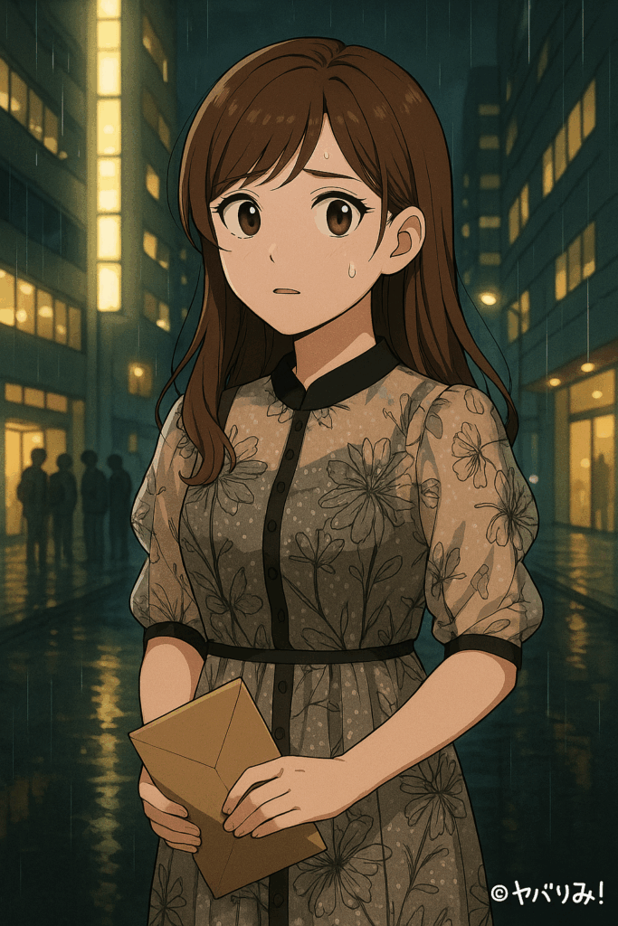 雨の夜の街中で、リコが不安そうに封筒を両手で持っている。背景にはビルの灯りと遠くに立つ人影。