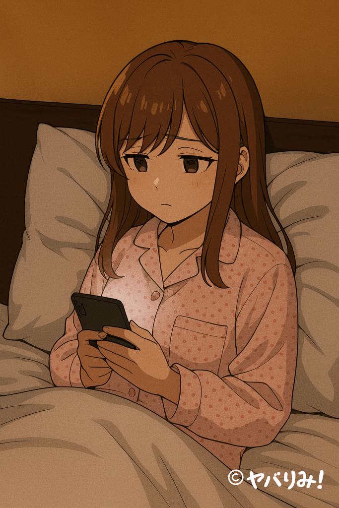 　ベッドの中でパジャマ姿のリコがスマホを見つめている。部屋の灯りは暖色系、雰囲気は少し沈んでいる。