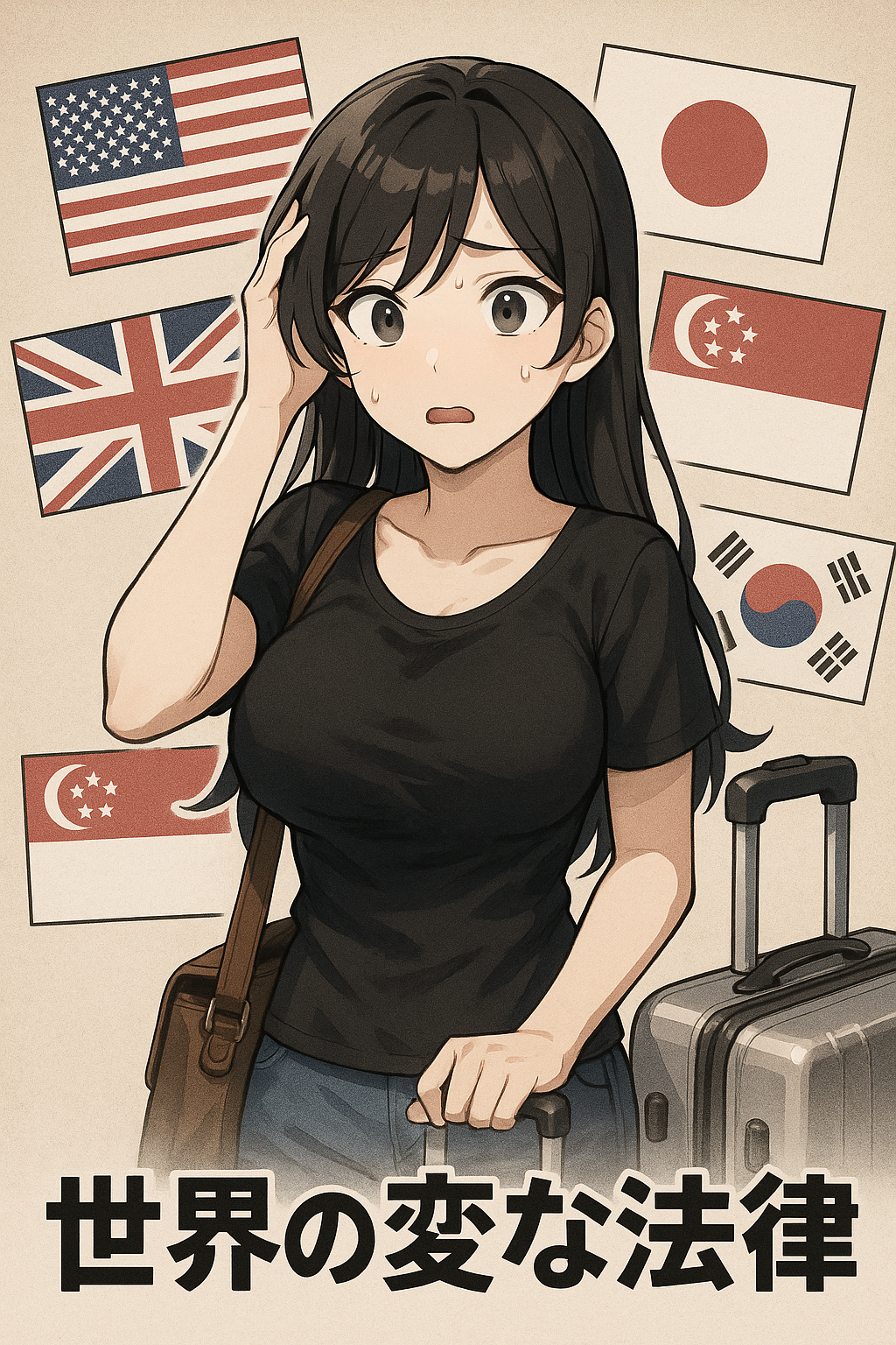 黒い服装の女性が、各国を表す国旗に囲まれていて、その国毎の独特な法律に頭を悩まされている様子。