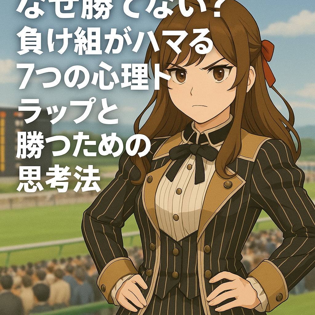 アニメ風イラストの女性キャラクター「ルミ」が競馬場で観客席を背に立ち、強い表情で前を見据えている。タイトル文「なぜ勝てない？負け組がハマる7つの心理トラップと勝つための思考法」が大きく表示されている。