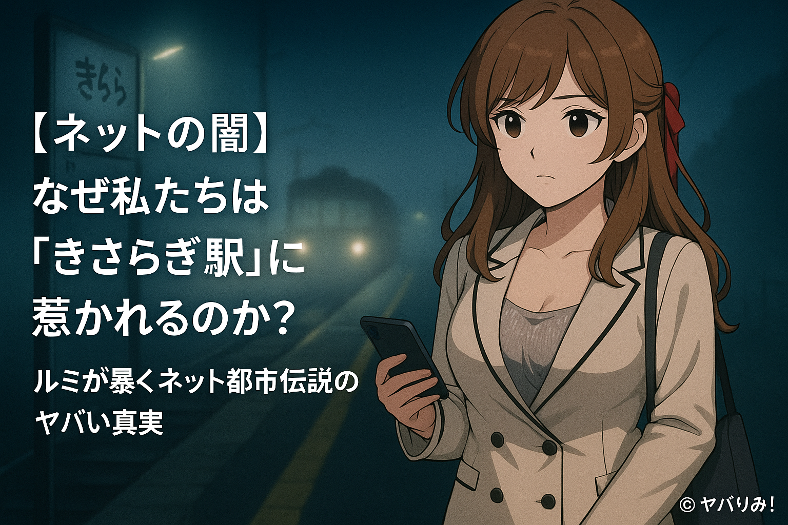 「夜の無人駅ホームでスマホを握るルミ。霧の向こうに近づく灯り、不穏な空気。左に記事タイトル、右下に©ヤバりみ！。