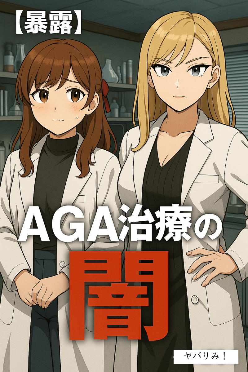 白衣姿の女性キャラクター2人（ルミとナジカ）が研究室で深刻そうに立つ。『AGA治療の闇』と大きく書かれた文字が前面に配置され、治療業界の問題を暴露する雰囲気のイラスト」