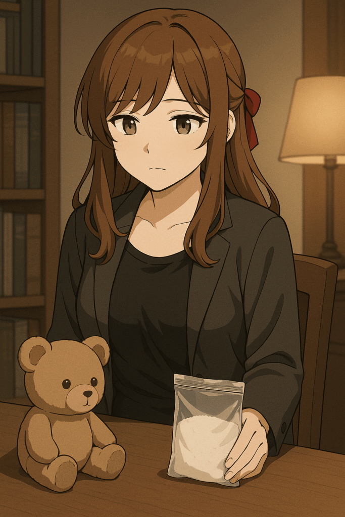 「机の上に塩袋とクマのぬいぐるみを置き、沈痛な表情を見せるルミ。旅館から持ち帰ったものを封じようとしている。」