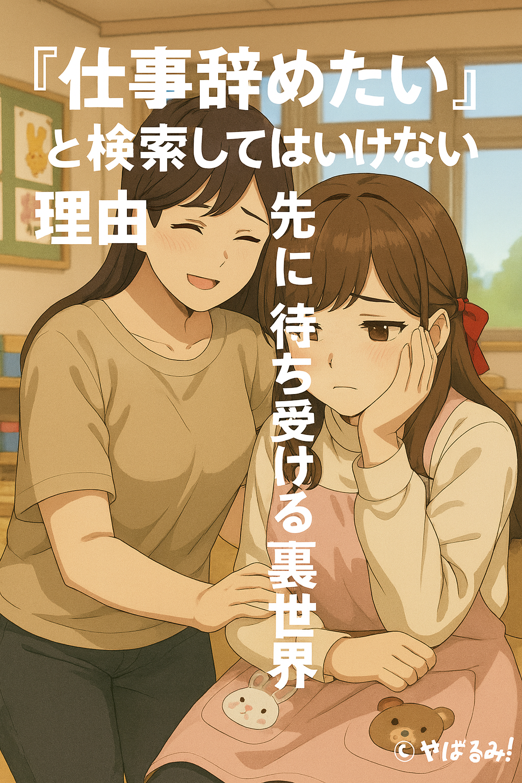 「仕事辞めたい」と検索してはいけない理由──悩む女性キャラクター（ルミ）が、友人に励まされながらも不安を抱える様子を描いたイラスト。