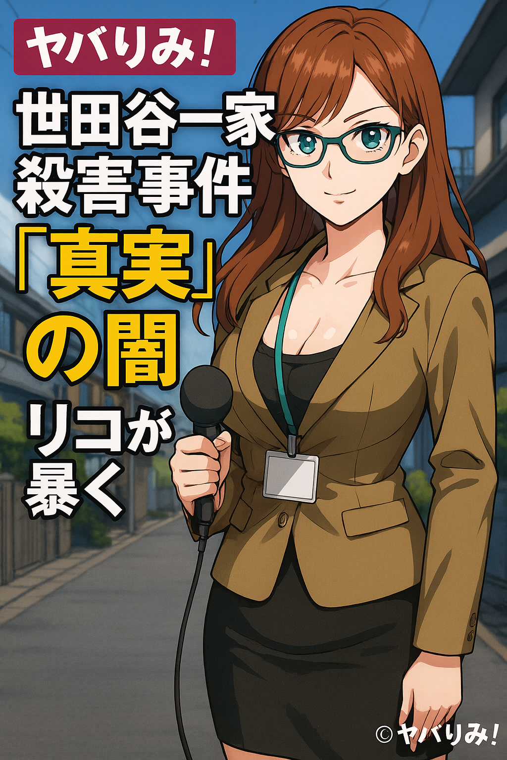 「ヤバりみ！独占 世田谷一家殺害事件『真実』の闇 リコが暴く」というタイトルの、マイクを持つ女性のイラスト。
