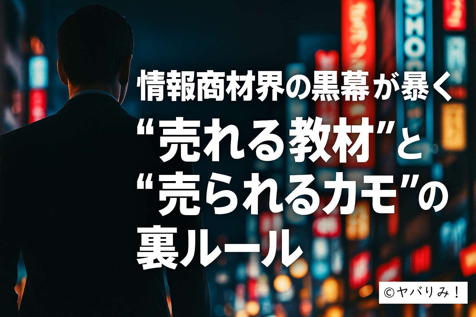 「情報商材界の黒幕が暴く “売れる教材”と“売られるカモ”の裏ルール」というタイトルと、夜の街を背に立つ男性の後ろ姿のイラスト。