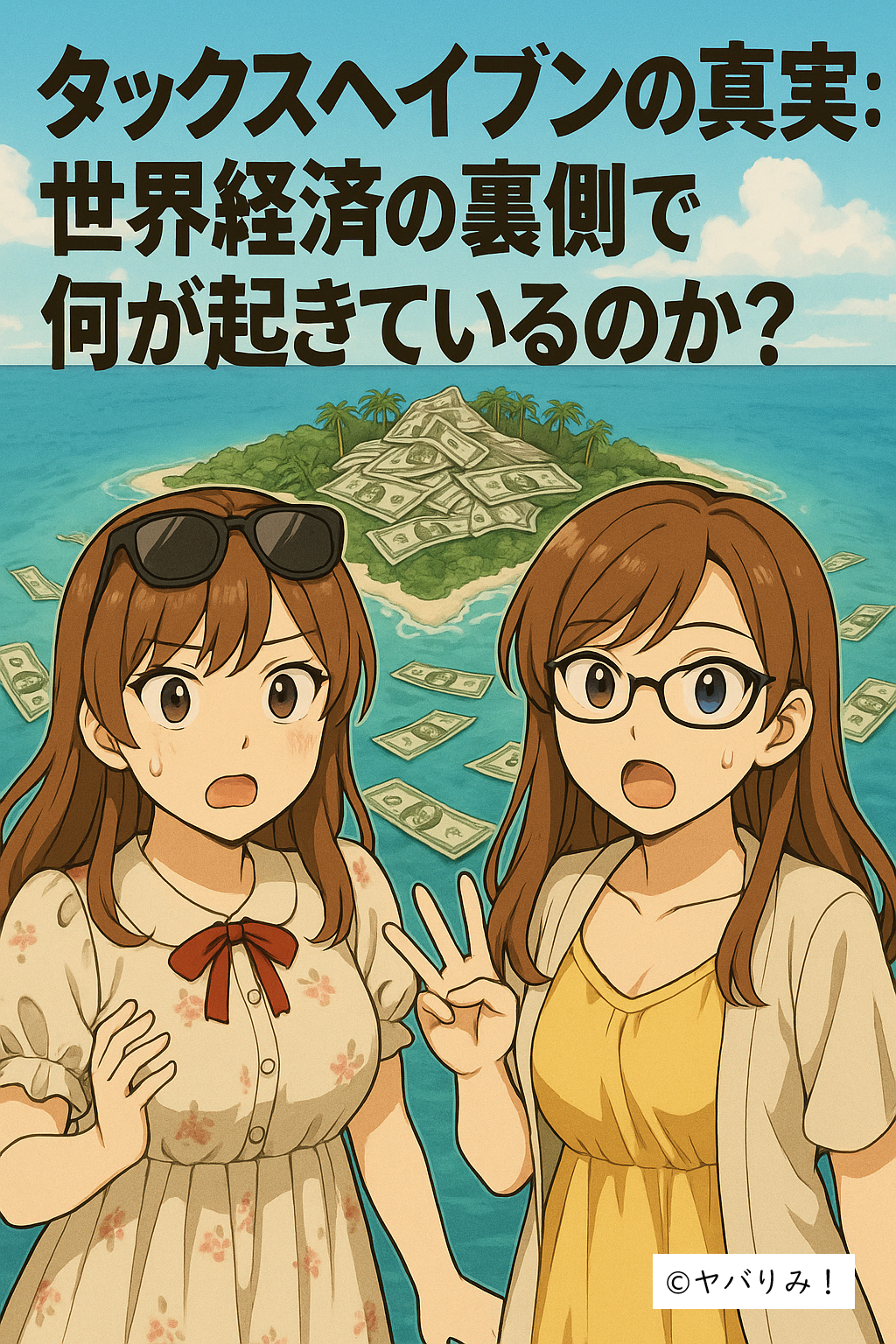 タックスヘイブンの真実をテーマにしたイラスト。南の島に紙幣が積み重なり、驚く二人の女性（茶髪のワンピース女性と眼鏡のカーディガン女性）が立つ。記事タイトル「タックスヘイブンの真実：世界経済の裏側で何が起きているのか？」入り。