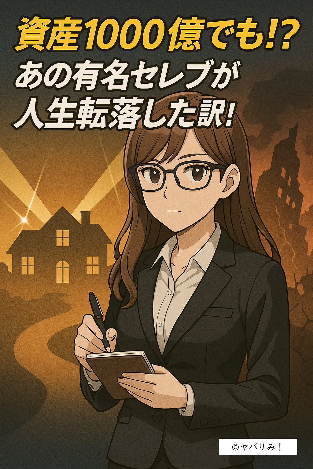「資産1000億でも!? あの有名セレブが人生転落した訳！」という文字と、スーツ姿でメモを取る眼鏡の女性キャラクター（リコ）が描かれたアニメ風イラスト。背景には豪邸と崩れゆく建物があり、成功から転落へのドラマ性を示している。