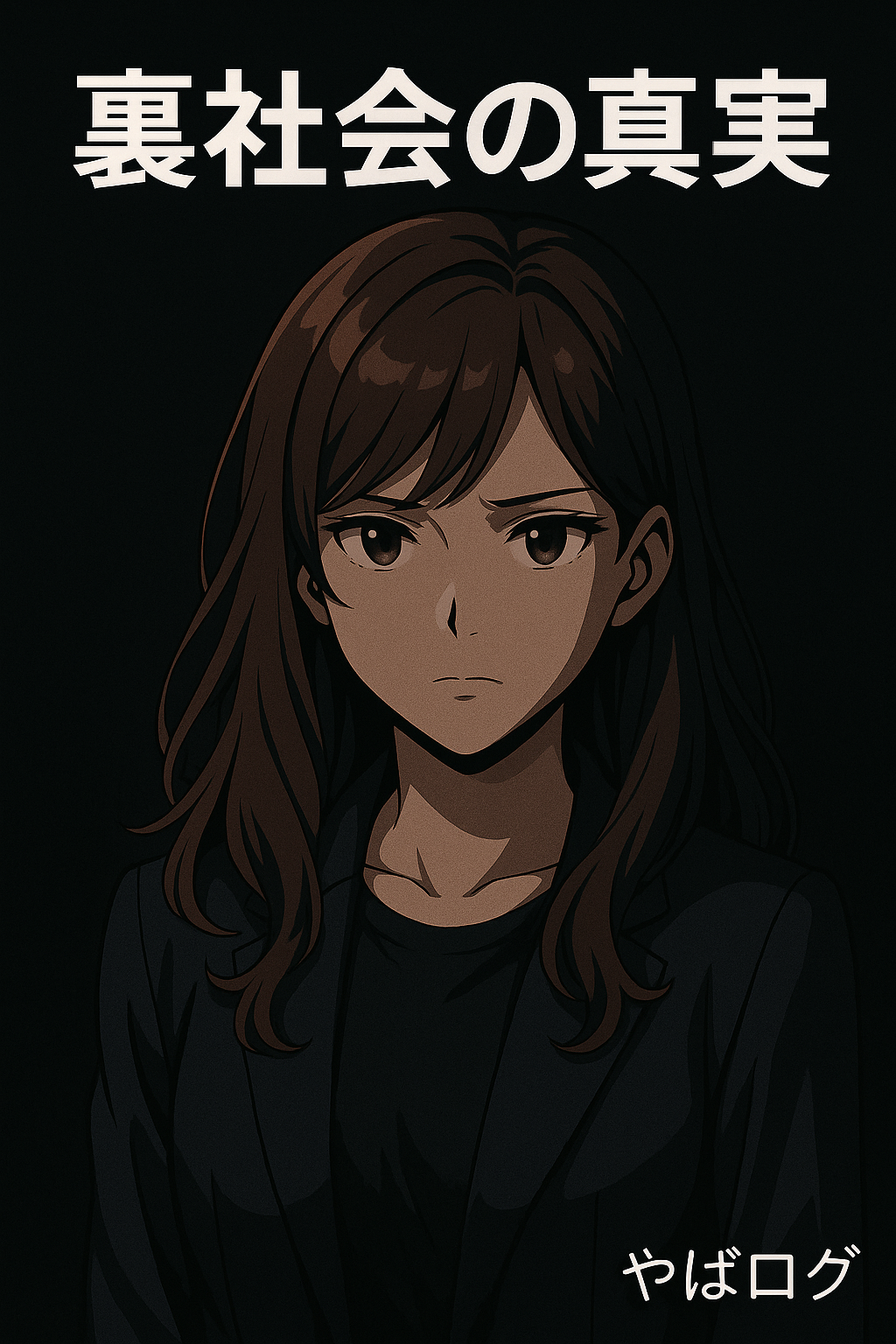 アニメ風の女性キャラクターが暗い背景の中で真剣な表情を浮かべている。上部に「裏社会の真実」という文字、